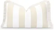 Hofdeco Premium Fall Coastal Patio Indoor Outdoor Lumbar Pillow Cushion Cover Only, 12''x20'' Water Repellent for Backyard, Couch, Neutral Tan Stripe Fringe