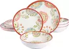 Gibson Home Mauna Melamine Plastic Dinnerware Set Service 4 12Pcs Brick Floral