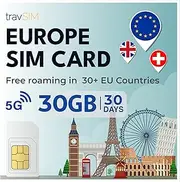 travSIM Europe SIM Card | 30GB with 4G/5G Speed | Unlimited Calls | Use in UK, Switzerland and EU | Plan on SIM Card for Europe is Valid for 30 Days