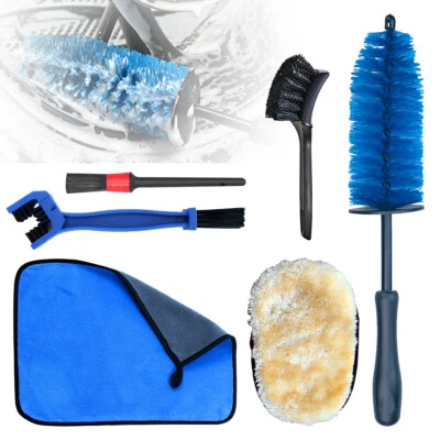 6 Pack Motorcycle Cleaning Brush Kit Easy Reach Brush Wool Wash Mitt Stiff Tire