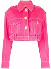 NWT $2395 Balmain X Barbie Logo Patch Cropped Denim Jacket - Sz 44 FR (12 US)