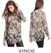 NWT VINCE sz 4 Basketweave Printed Button Front Silk Georgette Shirt Blouse