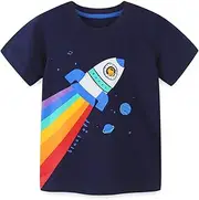 [Warmbaby] Rock T Shirt for Toddler Boys Kids Short Sleeve Shirts Spaceship Navy