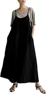 [GHAKKE] Women's Plus Size Cotton Linen Sling Jumpsuit Loose Wide Leg Overalls Adjustable Straps Rompers with Two Pockets (Color : Black, Size : Small)