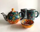 NEW Turkish Handmade Ceramics Teapot & Coffee Tea Mugs Set w Bowl - Green/Orange