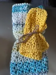 NEW HAND CROCHETED WASH CLOTH AND HAND TOWEL-MULTI TEAL, YELLOW, CREAM