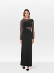 Black Embellished Mesh Panel Dress