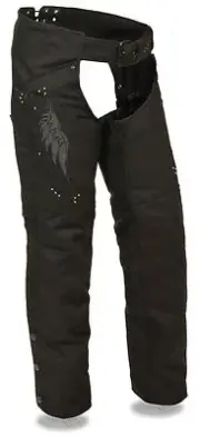 MOTORYCLE WOMEN'S BLK TEXTILE CHAP W/WING & RIVET DETAILING & REFLECTIVEFEATURE