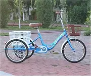 DEFGHIJ 20 Inch Adult Tricycle Trike Bike Pedal for Beginner Riders Single Speed 3 Wheel Bikes Bicycles with Adjustable Height and Rear Basket (Blue)