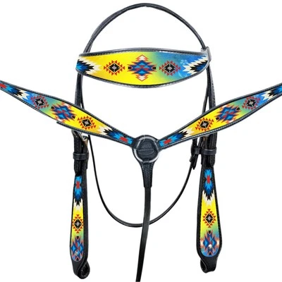 HILASON Western Horse Headstall Breast Collar Set American Leather Aztec |