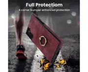 Full Protection Cover for Samsung Galaxy Note 10, 2 Cards PU Leather Case with Ring Holder - Dark Red