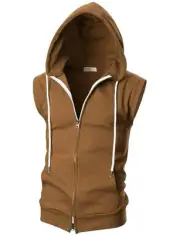 Mens Slim Fit Sleeveless Lightweight Zip Up Hooded 3X-Large Dcf011- Camel