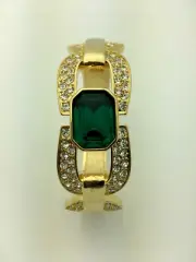 Signed Cindy Adams 7 1/2” Clear & Emerald Crystal Hinged Bangle Bracelet - VNS