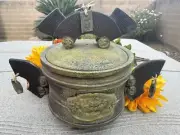 Rare Vintage Raku-Inspired Brass/Bronze Vessel W/Ceramic Interior 10”H 13”W 6Lb