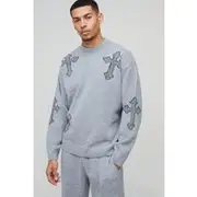 Mens Grey Oversized Laddered Cross Raw Edge Knitted Jumper