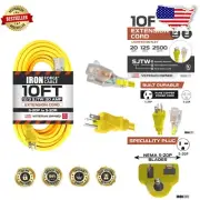 10 Ft 20 Amp Extension Cord - Premium Heavy Duty Power Cable with Lighted Ends