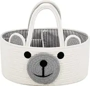 Baby Diaper Caddy Organizer, Cotton Rope Nursery Storage Basket for Diapers, Wipes & More, Baby Shower, Portable Organizer for Changing Table, Bear Design (white)