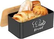 Metal Bread Box With Bamboo Cutting Board Lid Generous Capacity Bread Storage Bin Easy Cleaning Breathable Bagels Storage Container for Kitchen Countertop(black)
