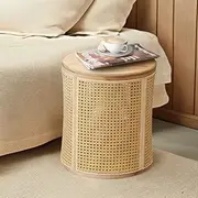 Furb Round Coffee Table 40CM, Modern Accent Bedside Table with Storage & Natural Cane Webbing, Sturdy Solid Wood Frame Rattan Sofa Tea Table for Home, Living Room, Office, Balcony(Oak)