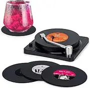 Valdivia Funny Retro Vinyl Record Coasters with Player and Unique Labels, Set of 6 with Gift Box for Music Lovers, Coasters for Drinks, Bars, Cafes, Home, Party, Office