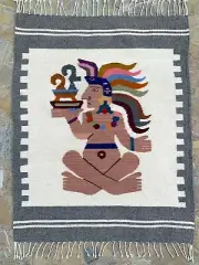 Zapotec Rug 30x40" Pre hispanic Priest Tapestry, Hand Woven Wool Flat Weave