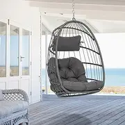 Hanging Egg Chair - Patio Rattan Wicker Swing Egg Chair Hammock Chair for Indoor Outdoor Bedroom Garden - Aluminum Steel Frame UV Resistant Cushion (Aluminum-Without Stand, Dark Grey)