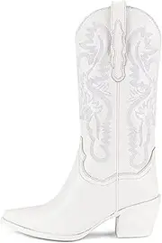 [Generic] Cowgirl Boots for Women Vintage Embroidery Cowboy Boots Pull on Mid Calf Western Boots (Color : White, Size : 40 Cn)
