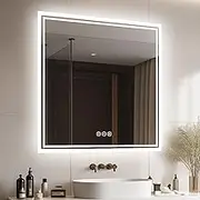 LUVODI LED Bathroom Mirror 800 x 800mm: Illuminated Backlit Lighted Wall Mounted Vanity Mirror with Demister + Touch Button Dimmable Square Makeup Mirror for Makeup and Shaving
