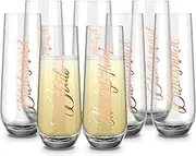 Bridesmaid Wine Glasses, Kook Bachelorette Party Champagne Glasses, 9.4 Oz (Bridal Set of 8), Stemless Glass Champagne Flutes, Cocktail Cups for Rose, Great for Weddings and Parties, Dishwasher Safe