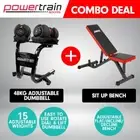 2x Powertrain 24kg Adjustable Dumbbells Weight w/ Stand and Exercise Bench