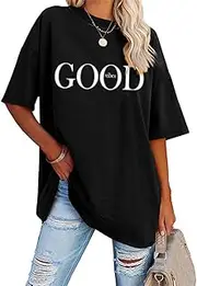 [Godoboo] Women's Oversized Letter Print Crew Neck Short Sleeve Tops Cotton T-Shirt Short Sleeve Casual Loose Blouse Sport Summer Casual Tops Shirt Plain for Teenage Girls