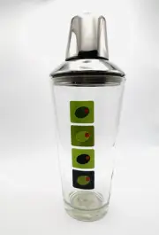 MCM Kitsch Vtg Glass Olive Graphics Cocktail Martini Mixer Shaker Glass Bar
