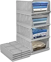 4-Pack Folding Wardrobe Storage Box Plastic Drawer Organizer Stackable Shelf Baskets Cloth Closet Container Bin Cube Home Office Bedroom Laundry Pull Out Drawer Dividers for Clothes,Toys Organization