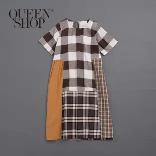 Ｑｕｅｅｎ Ｓｈｏｐ【01083915】女裝 不規則格紋拼接短袖洋裝 S/M＊預購＊