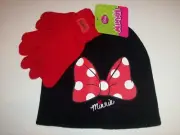 Disney Minnie Mouse Hat Glove Set Girls Black Red Bow OSFM New