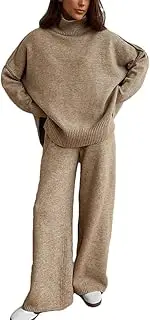 [Generic] Women's Loose Fitted Turtleneck Knit Pullovers High Waist Wide Leg Pant 2PC Suits Lounge Sets Tracksuits