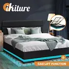 Oikiture RGB LED Bed Frame Double Size Gas Lift Base With Storage Black Leather