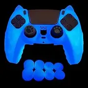 Blue Anti-Slip Glow In The Dark PS5 Controller Skin,Soft Thicken Studded Protective Silicone Cover Skin Grips Compatible With PS5 Controller With 8 PCS Thumb Grips Caps Glow and 2 Grips Caps.