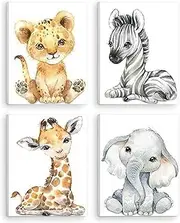 Kiddale Baby Watercolor Animals Wall Art Prints Set of 4 (8x10),Tiger Elephant Zebra Giraffe Safari Animals Pictures Nursery Decor Art,Stretched and Framed Ready to Hang