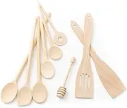 [tuuli] Kitchen 9 Piece Wooden Kitchen Utensils Set (6X Cooking Spoon 7-13.8", 1x Honey Dipper, 2X Spatula)