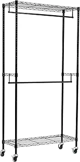 Amazon Basics Adjustable, Double Hanging Rod Garment Rolling Closet Organizer Rack - Black, 183 cm