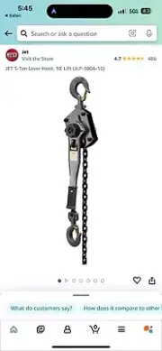 JET JLH SERIES LEVER HOIST, 3 TON, MODEL JLH-300WO-5