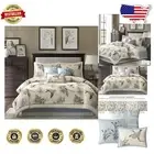 Elegant Leaf & Bird Print Comforter Set with Bed Skirt for Cal King - 7 Pieces