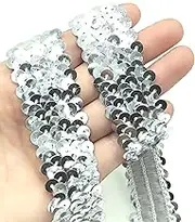 2 Yards Silver Elastic Sequin Ribbon Trim Glitter Metallic Stretch Flat Sequin Ribbon Lace for Sewing, Dress Costume, Wedding Party Embellishments and DIY Craft Supplies 30mm