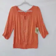 One World Apparel Boho Peasant Blouse Size Medium in Tangerine