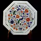 12" Octagon White Marble Side Table Inlay Pietra Dura Peacock Design Gemstone