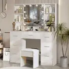 Dressing Table Stool Set Makeup Desk Hollywood Mirror With Lights and 7 Drawers