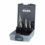 RUKO HSS Spiral Fluted Step Drill Bit Set in Plastic Case, Bright Finish, 3 Piec