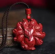 New Natural Red Cinnabar Carved Nine-tailed Fox Pendant Feng Shui Decor Gift