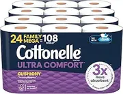 [Cottonelle] Ultra Comfort Toilet Paper with Cushiony CleaningRipples Texture, 24 Family Mega Rolls (24 Family Mega Rolls = 108 Regular Rolls) (4 Packs of 6), 296 Sheets per Roll, Packaging May Vary